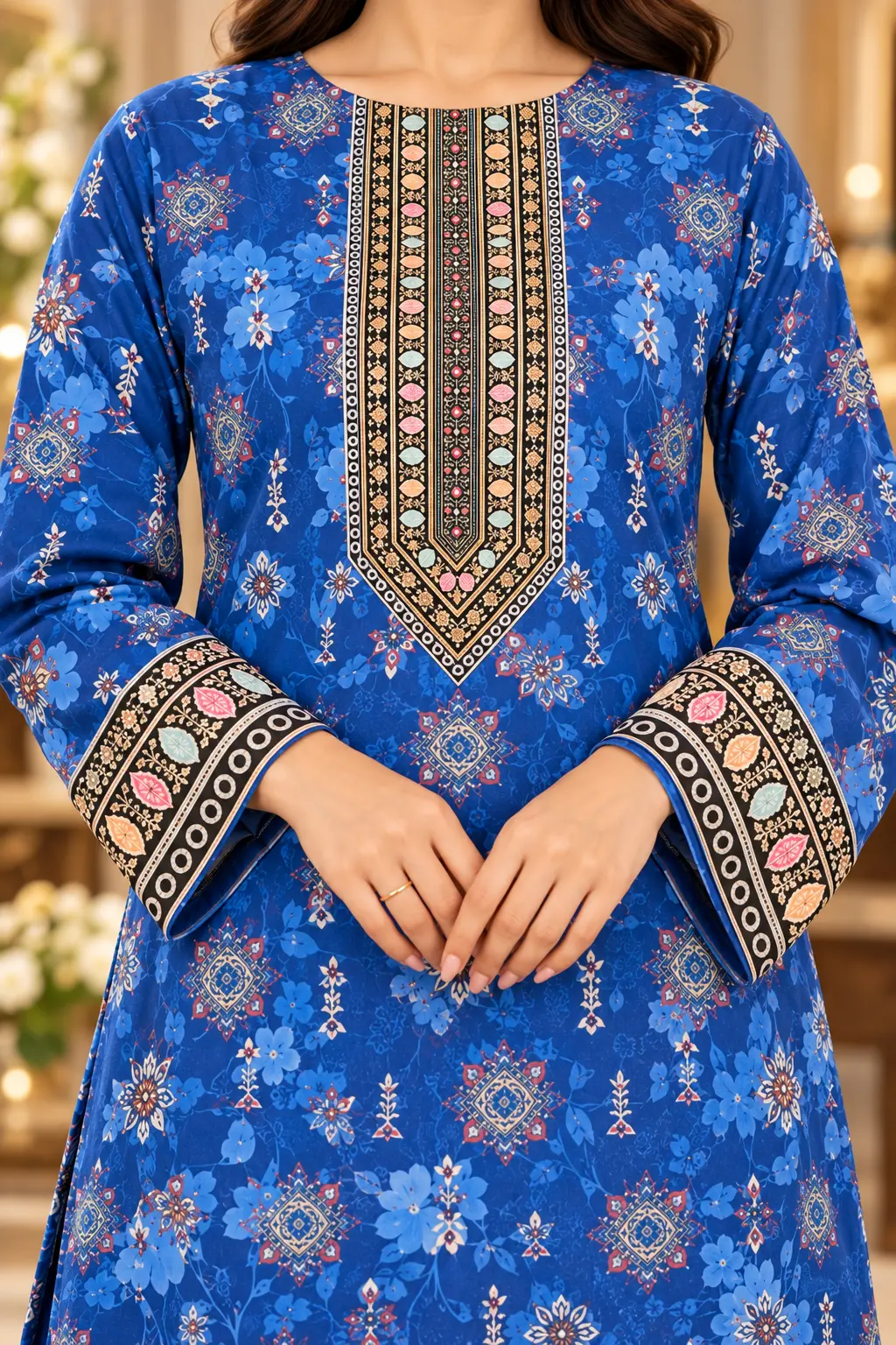 Premium Royal Blue Floral Elegance | 100% Cotton 3-Piece - view 3
