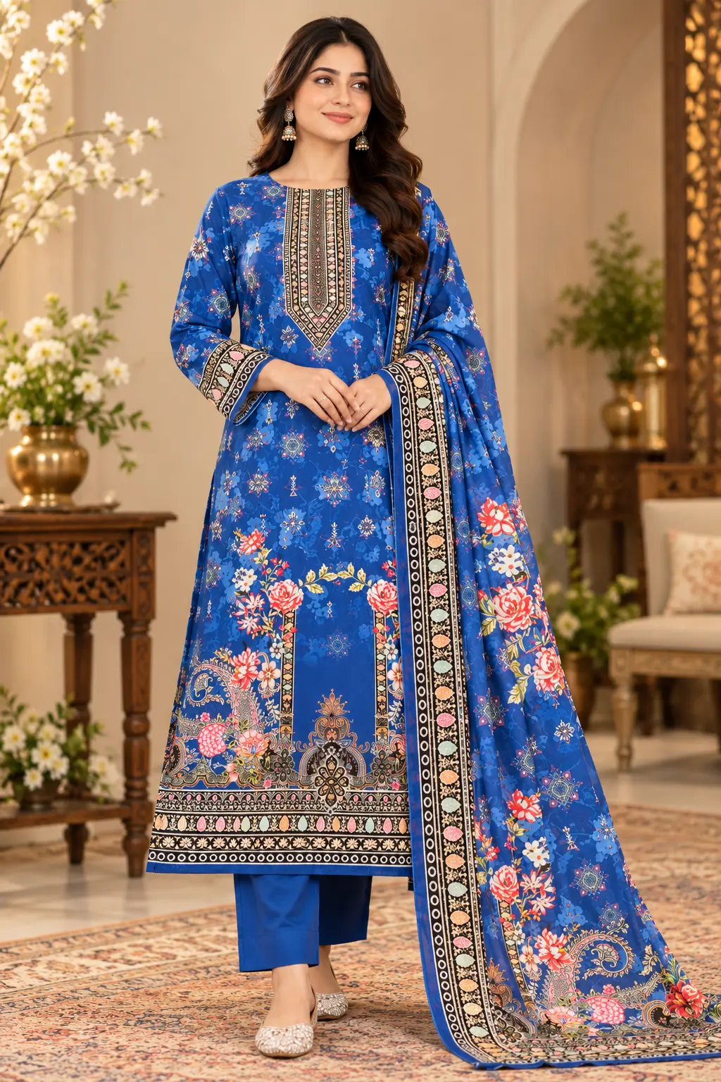 Premium Royal Blue Floral Elegance | 100% Cotton 3-Piece - view 1
