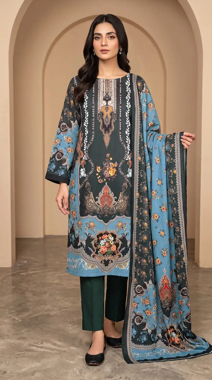 Premium Teal Blossom | Unstitched 3-Piece - view 1