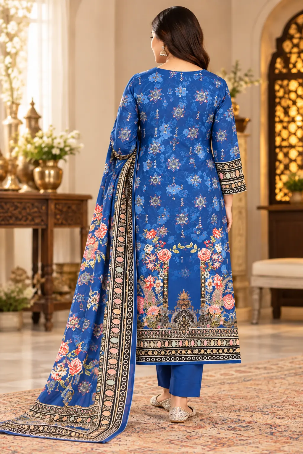 Premium Royal Blue Floral Elegance | 100% Cotton 3-Piece - view 2