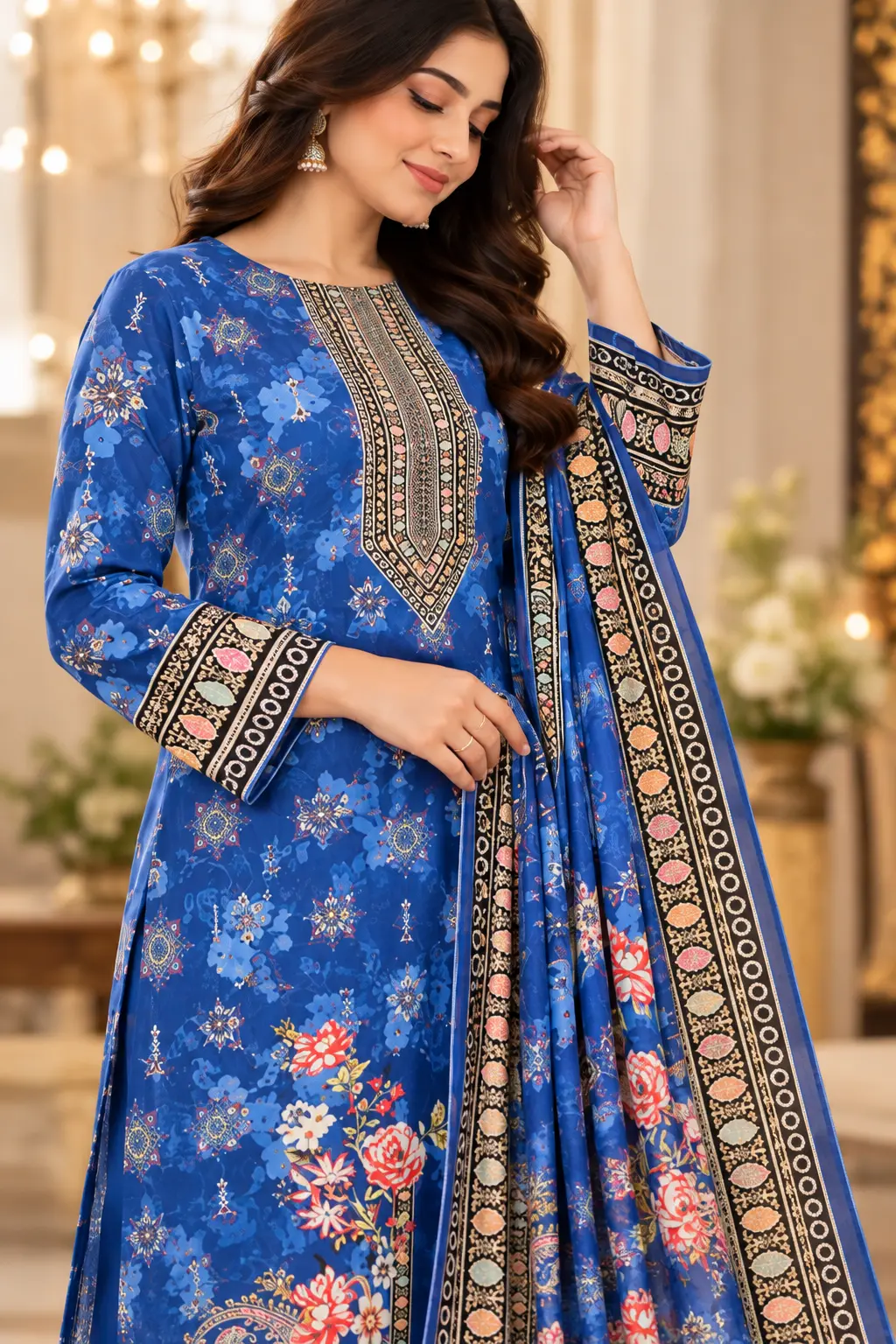 Premium Royal Blue Floral Elegance | 100% Cotton 3-Piece - view 4
